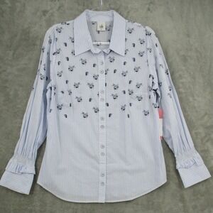 Cabi Shirt Womens Medium Whitney Stamped Bouquet Blue Striped Floral Button 5368